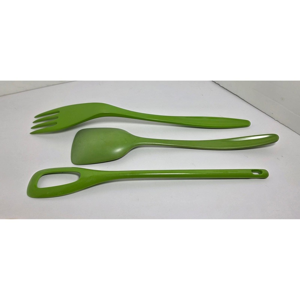 Vtg Rosti Mepal Hutzler Melamine Utensil Set 3 Avocado Green Spatula Fork Spoon